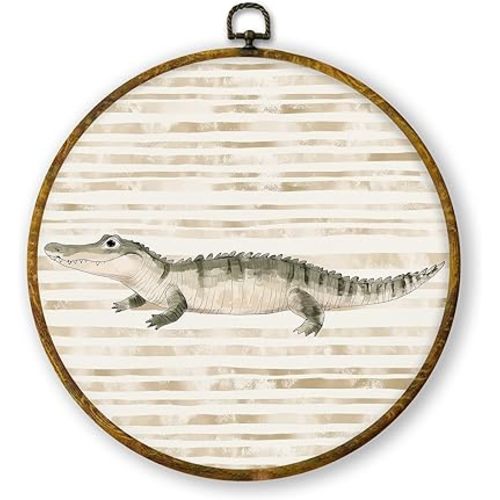 QZQE Boho Alligator Nursery Round Wall Art Decor Framed, Alligator Gifts Circle Canvas Prints, Neutral Wild Animal Nursery Circular Wall Hanging Decor for Kids Boys Room Bedroom Playroom, 10x10 Inch
