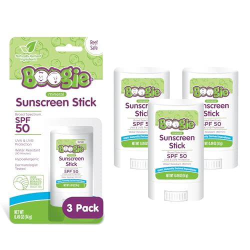 Boogie Mineral Sunscreen Stick SPF 50 for Kids - 0.49 oz (3 Pk) | Broad Spectrum UVA & UVB Protection, Water Resistant, Hypoallergenic, 100% Naturally Derived Ingredients