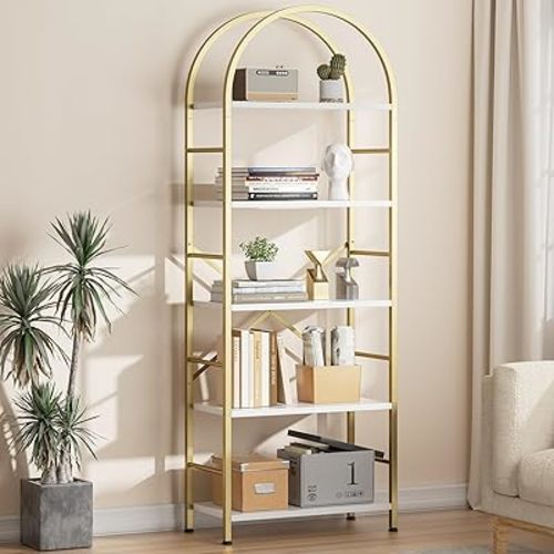 Shintenchi Bookshelf, Arched Bookshelf 5 Tier Bookcase Shelf for CDs/Books, Home Office Bookcase Shelf Storage Organizer, Modern Book Shelf for Bedroom/Living Room, Gold