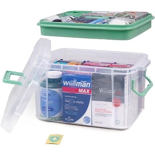 DOUKE 15qt Clear Medicine Organizer Storage Box with Handle, Plastic Empty First Aid Box with Tray, Multipurpose Medical Storage Container, Medication Organizer Chest for Home, Baby, Elderly, Dorm