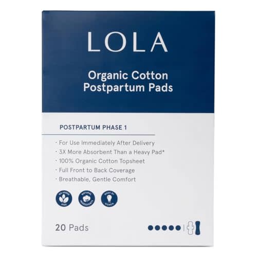 LOLA Organic Cotton Postpartum Pads - 20 Count, Ultra Absorbent and Extra Long Pads, Overnight and Full Coverage, Adult Incontinence Pad for Women, Postpartum Essentials