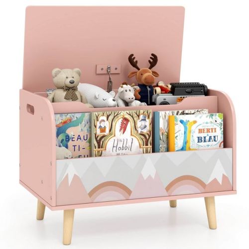 Costway Kids Wooden Toy Box with Front Bookshelf 4 Solid Wood Legs Flip-top Lid for Nursery Pink