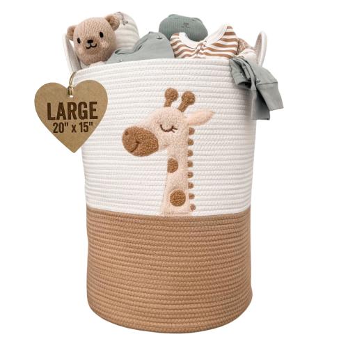 Large Giraffe Baby Laundry Basket, 20x15 Tall Woven Rope Hamper with Handles, Safari Animal Nursery Storage, White & Tan Room Decor