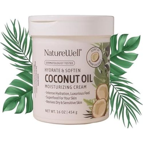 NATURE WELL Hydrate & Soften Coconut Oil Moisturizing Cream for Face, Body, & Hands, Non-Greasy, Intense Hydration & Luxurious Feel, Revives Dry & Sensitive Skin, Superfood for Your Skin, 16 Oz