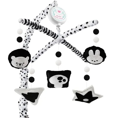 Montessori Crib Mobile – High-Contrast Baby Mobile for Crib, Black and White Baby Crib Mobile with Upgraded 3-Mode Music Box, Visual Development Nursery Mobiles, Fits Standard Cribs