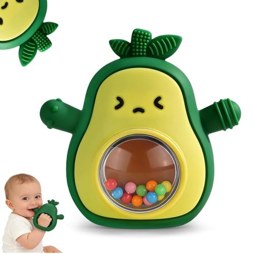 Baby Teething Toys, Avocado Silicone Mitten Teether with Rattle