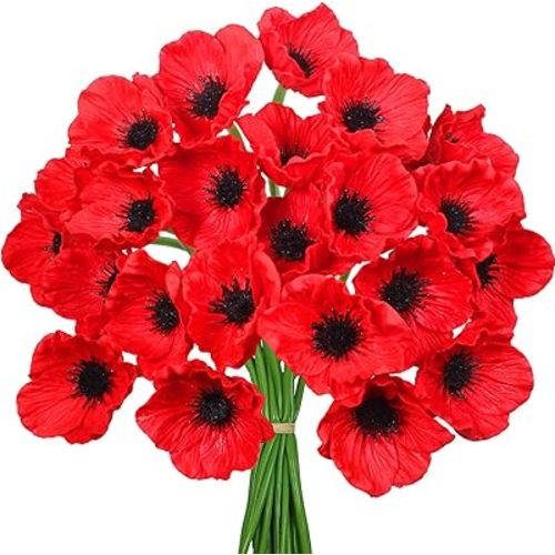 24 pcs Artificial Red Flower Stems PU Real Touch Flower Fake Flowers in Red with Black Center 11.6" Tall for Wedding Bouquets Corsages Centerpiece Floral Arrangements