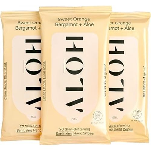 ALŌH Sweet Orange Bergamot + Aloe Sanitizing Hand Wipes - Clean Hands, Clear Mind - On The Go Hand Sanitizing Wipes for Kids and Adults - Travel Size 3 Pack 20ct Wipes (60 wipes)
