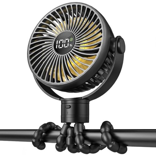 TriPole Portable Pram Fan 4000mAh Rechargeable Stroller Baby Fan 25H Battery Life, Head Detachable Mini Clip on Fans, 4 Speed Personal Desk Fans with Night Light for Car Seat Crib, Black (Black)