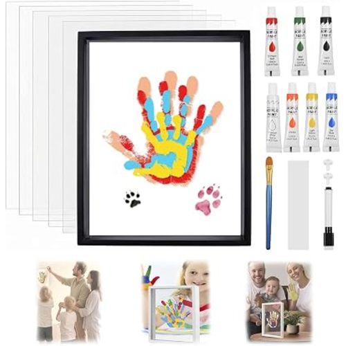 Family Handprint Kit for 5 Members, 5 Sheets, Non-toxic Paint, Wooden Frame
