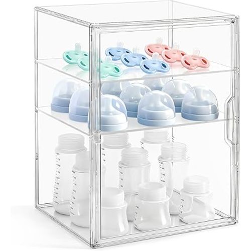 Baby Bottle Storage Organizer for Countertop, 3 Tiers Clear Acrylic Bottles Station Organizer, Bottle Storage Container with 2 Removable Dividers