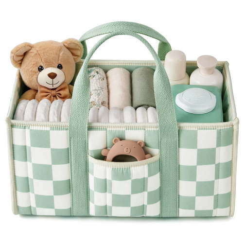 BUSATIA Diaper Caddy Organizer, Foldable Baby Diaper Storage Box with Removable Divider, Portable Nursery Organizer for Baby Shower & Newborn Essentials (Green Checkers)