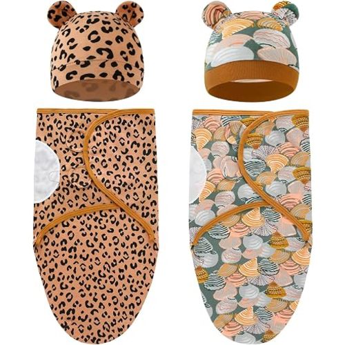Dizila 2 Sets Adjustable Soft Cotton Blend Receiving Swaddle Blankets Sleep Sacks with Matching Nursery Hats Caps Beanies Bonnets for Newborns Infants Baby Girls Boys (Multicolor S8)