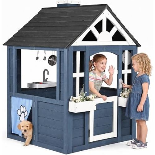 Jocoevol Kids Outdoor Playhouse, Cedar Wooden Kids Playhouse with Play Kitchen, Pet Door, Sink, Stove, Cookware, Windows, Flowerpot Holders, Ringing doorbell, Cottage Play House for Backyard