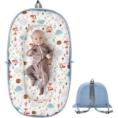 Baby Lounger, Foldable Baby Travel Bassinet with Soft Memory Foam Mat, Converts to Backpack Baby Travel Nest for Newborn Infant Babies 0-12 Months (Red Fox)
