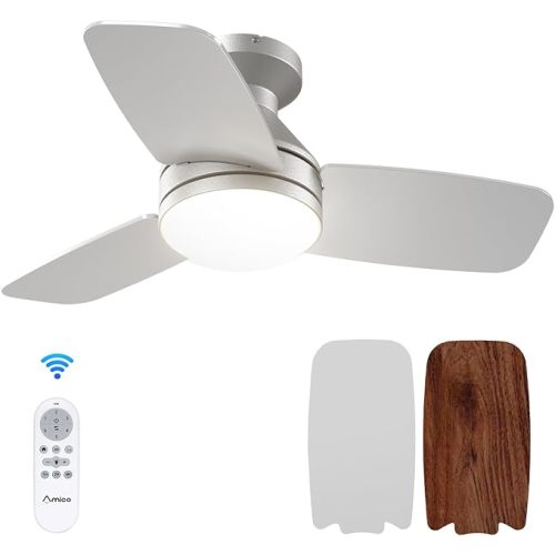 Amico Ceiling Fans with Lights, 30 Inch Low Profile Ceiling Fan with Light and Remote Control, Flush Mount, Reversible, 3CCT, Dimmable, Noiseless, Silver Ceiling Fan for Bedroom, Indoor/Outdoor Use