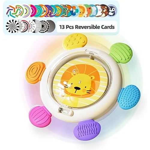 Jollybaby Sensory Suction Cup Spinning Top with Distorting Mirror Toys, 3-n-1 Early Educational Baby Toy for 12 Months+, Toddler Travel High Contrast Visual Stimulate Teether (Goup Z)