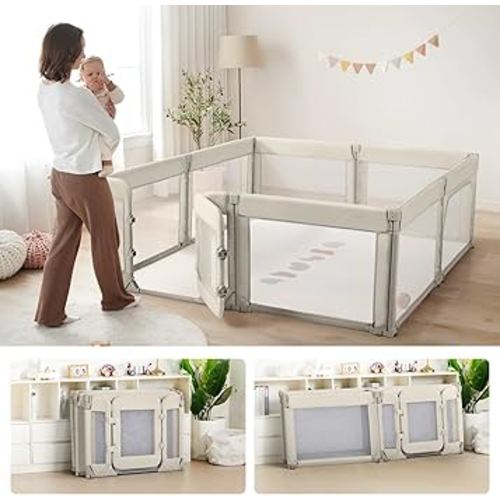 Baby Playpen,Large Play Pen for Babies and Toddlers with Door 79x71 Inch, Adjustable Playpen Non-Slip Suction Cups Base Safe and Sturdy, Indoor Outdoor Playard,Khaki