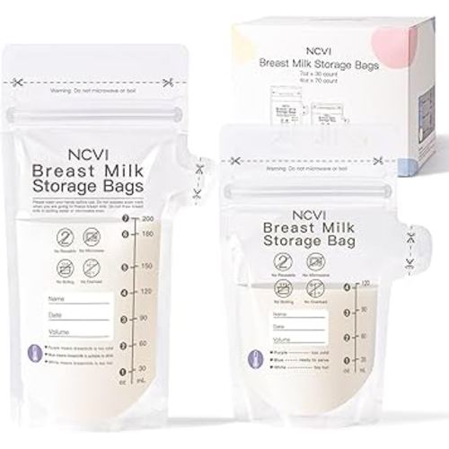 NCVI 4+7 oz Breastmilk Storage Bag Freezer for 0-3 Months, Breast Milk Feeding Bag with Temp-Sensing, Doubled-Sealed, Self Standing, Easy Pour Spout, BPA-Free, 4oz(70count)+7oz(30count)