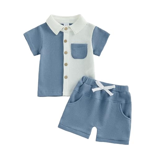 Toddler Baby Boy Summer Clothes Color Block Button Down Shirt T-Shirt Tops Elastic Waist Shorts Set Infant Outfits