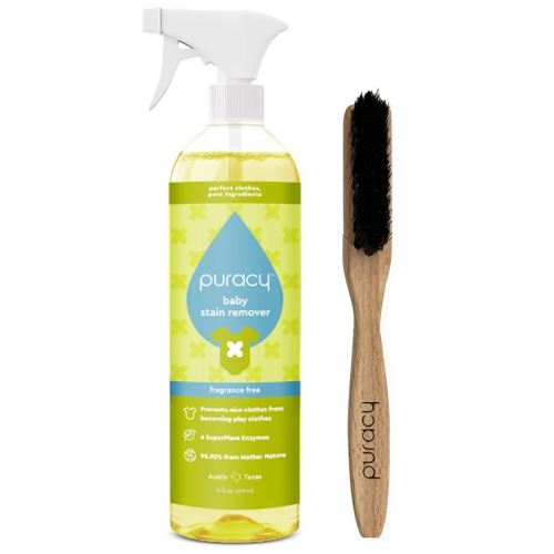 Puracy Natural Baby Laundry Stain Remover, Enzyme Odor Eliminator, Free & Clear 16 Fl Oz and Laundry Stain Remover Brush for Tough Stains, Effective Stain and Odor Eliminiation Bundle