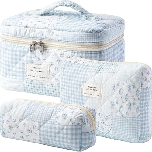 HBselect Quilted Makeup Bag, 3Pcs Cotton Large Travel Makeup Bags Organizer