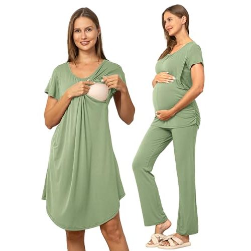 SUNNYBUY Women 3 PCS Maternity Nursing Nightgown Dress & Short Sleeve Breastfeeding Top & Pregnancy Pants Sleepwear Set