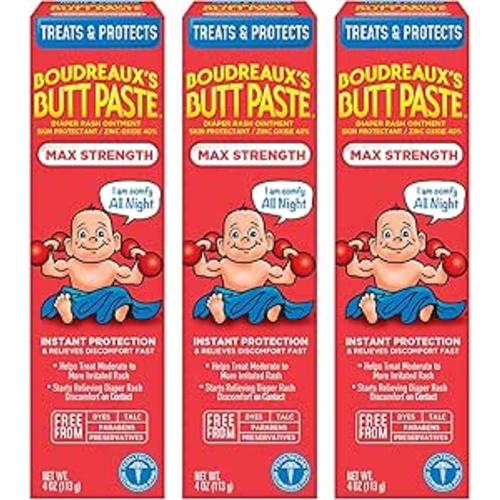 Boudreaux’s Butt Paste Max Strength Diaper Rash Cream for Baby, Ointment With Zinc Oxide, 4 oz Tubes, 3 Pack