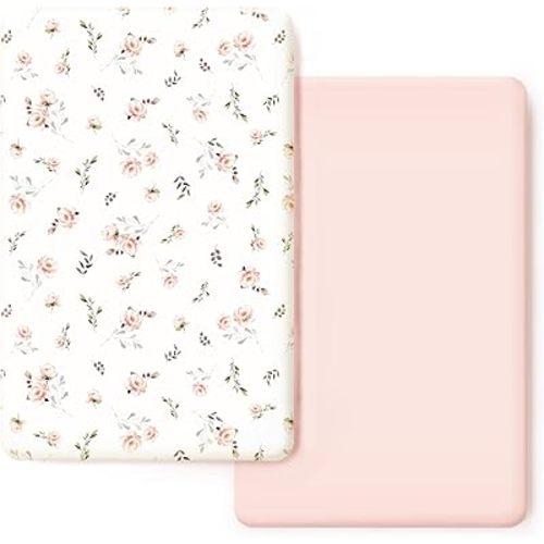 Stretchy Ultra Soft Jersey Knit Fitted Pack n Play Sheets Set 2 Pack, Portable/Mini Crib Sheets for Girls, Universal Fit for Pack N Plays Safe and Snug, Pink Rose Print