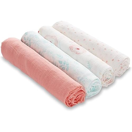 aden + anais Essentials Muslin Swaddle Blankets for Baby Girls and Boys, Newborn Receiving Blanket for Swaddling, 100% Cotton Baby Swaddle Wrap, 4 Pack, Full Bloom