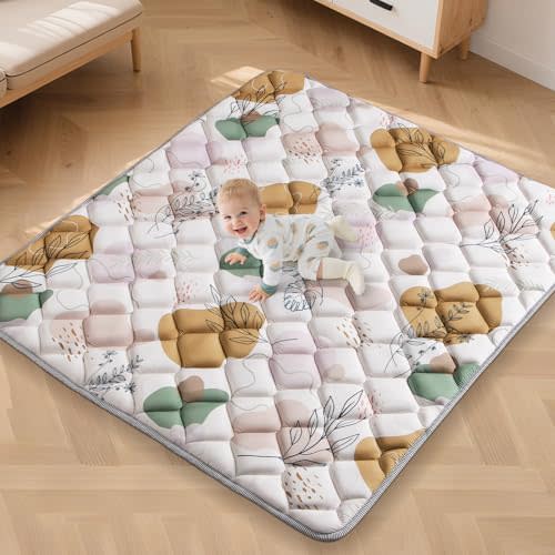 65x50IN Baby Play Mat - Tummy Time Mat for Babies 6-12 Months - Non-Slip Safe Crawling Baby Mat for Indoor & Outdoor - Soft Foam Foldable Cushion Playmat for Kids Playpen & Machine Washable, Boho