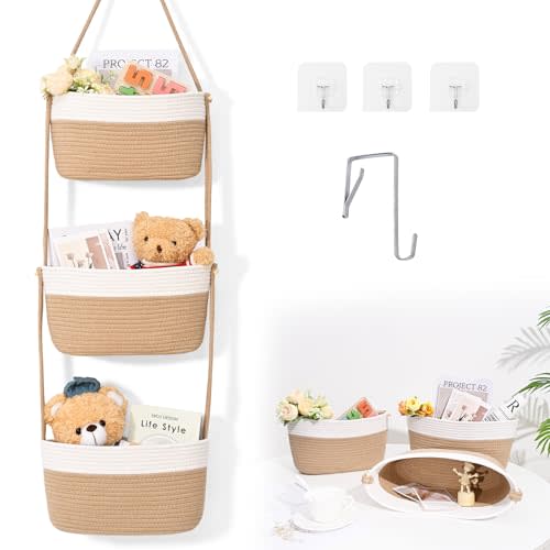 Hanging Basket, 3-Tier Wall Baskets, Over the Door Organizer with 4 Hooks, Hanging Baskets for Organizing, Woven Storage Basket Behind the Door for Nursery, Bedroom, Living Room, Kitchen