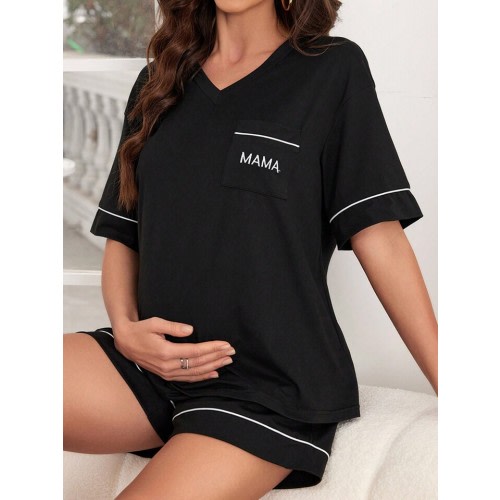 Maternity Home Clothes With Contrasting Colors, Skinny Hem, Letter Pattern, Short Sleeve, Shorts And Pockets For Mother