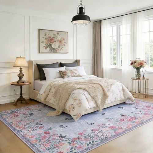 Floral 5x7 Area Rug Machine Washable Soft Print Boho Carpet Non Slip Rugs Low Pile Flower Area Rugs for Living Room Bedroom Nursery Kitchen Dining Room Indoor-Purple