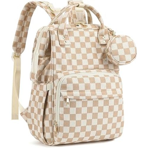 Corduroy Diaper Bag Backpack, Large Capacity Multifunction Baby Diaper Bags for Women, Insulated Bottle Pockets & Pacifier Case, Stylish Travel Nappy Changing Bags for Mom Dad (Checkered Brown)