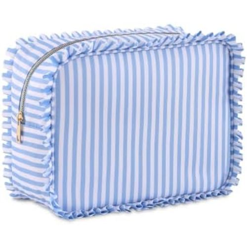 Stripe Ruffle Makeup Bag,Large Travel Cute Cosmetic Bag for Women Girls,Toiletry Bag Make up Organizer 11.8 x 4.7 x 9 inch (Blue Stripe A)