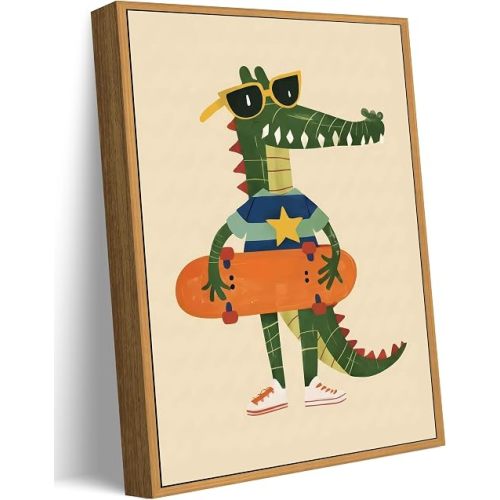 Cool Crocodile Skateboard Canvas Wall Art Print, Boho Kids Room Wall Decor, Cute Cartoon Alligator Painting Picture, Minimalist Nursery Poster for Baby Bedroom Playroom,8x10in Framed