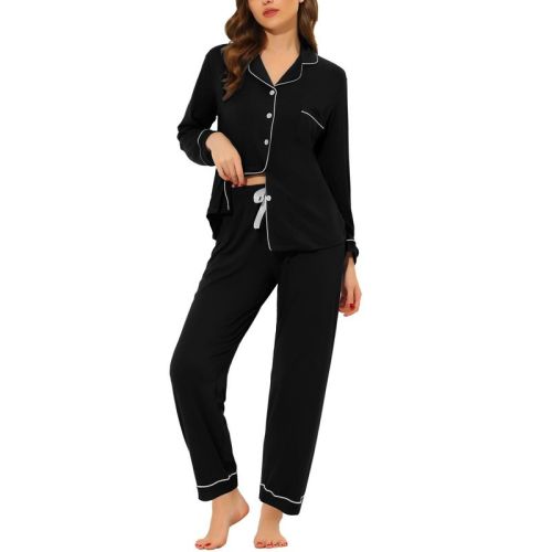 cheibear Women's Long Sleeves Button Down Top with Pants Lounge Pajamas Set