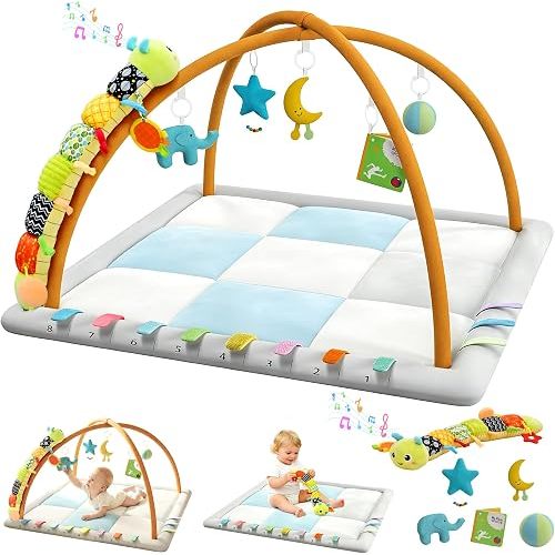 Kidmoze Baby Play Gym & Activity Mat, Baby Tummy time mat w 6 Detachable Toys, Promote Motor Skills & Sensory Development Mat, Newborn Infant Baby Essentials Gift.