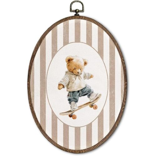 FLAWAFLOMA Vintage Bear Nursery Oval Wall Art Decor, Kids Room Canvas Wall Art Framed, Bear Skateboarding Hanging Decorations for Kids Toddler Boy Girl Nursery Room Playroom Decor, 8.6x11.4 Inch