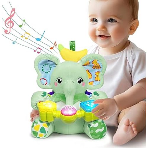 Baby Bilingual Musical Elephant Stuffed Animals Toys,Infant Early Learning Toy with Light-Up Music & Crinkle,Tummy Time Toys for 0 3 6 9 12+ Months for Baby Boy Girl Gift,Green