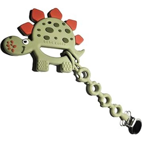 Dinosaur Teething Toys 3-6 Months with Pacifier Clip, Baby Teether 6-12 Months,Silicone Teethers, Soft-Textured Infant Toys for Teething Relief & Brain Development, Newborn Essentials-Olive
