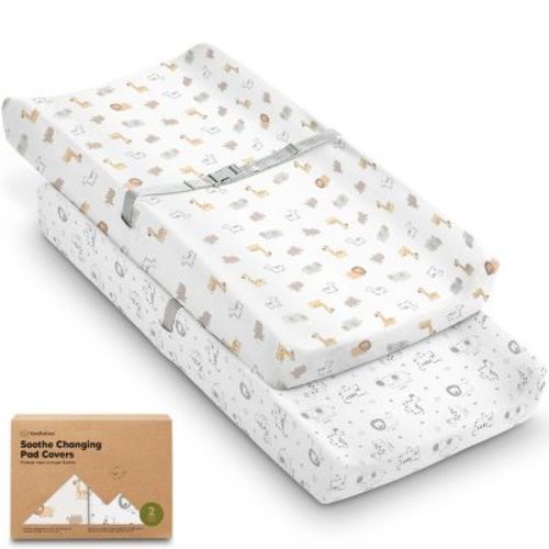 KeaBabies 2pk Soothe Changing Pad Covers for Girl, Boy, Organic Soft Cotton Contoured Diaper Changing Table Pad Covers