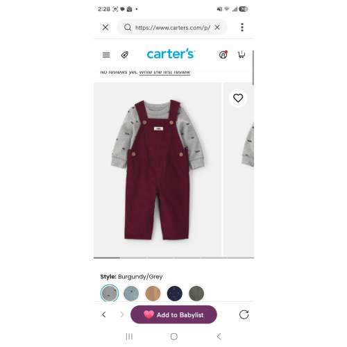 Baby Boy 2-Piece Holiday Corduroy Long-Sleeve Overall Set - Burgundy/Grey | Carter's