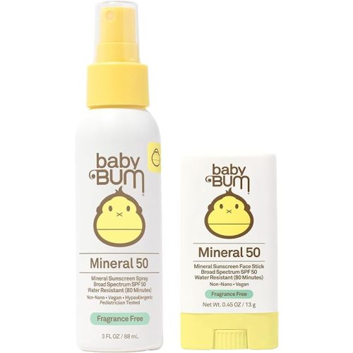Sun Bum Baby Bum SPF 50 Sunscreen Spray & Face Stick | Mineral Uva/Uvb Face & Body Protection for Sensitive Skin | Fragrance Free | Travel Size