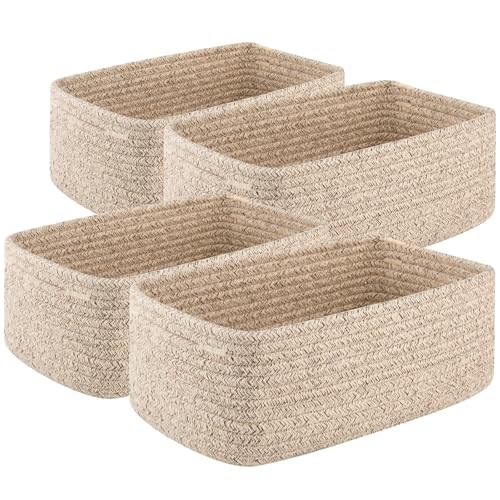 OIASKET 4 Pack Small Storage Shelf Baskets for Organizing, Mini Woven Rope Storage Bins for Towels, Cute Decorative Closet Organizer，Baby Nursery, Gift Empty Baskets -11.81''Lx7.87''Wx4.72''H'-Brown