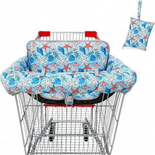 Shopping Cart Cover for Baby, Velcro & Buckle Strap Design, Machine Washable Foldable Cover with Storage Pouch, Fits Most Grocery Carts & High Chairs (Shell Starfish)
