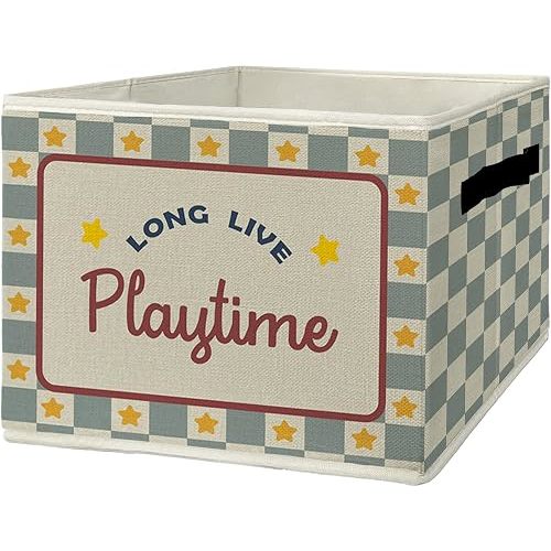 Retro Kids Playroom Storage Bins & Boxes with Handles, Boys Foldable Basket for Organizing, Long Live Playtime Blue Checkered Collapsible Storage Basket for Bedroom Bathroom Clothes Toys Books