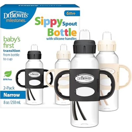 Dr. Brown's Narrow Sippy Spout Bottle with Handles, Black & Ecru, 2-Pack