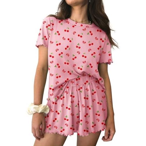 Ekouaer Womens Pajamas 2 Piece Ribbed Knit Pjs Short Sleeve Lounge Sets
